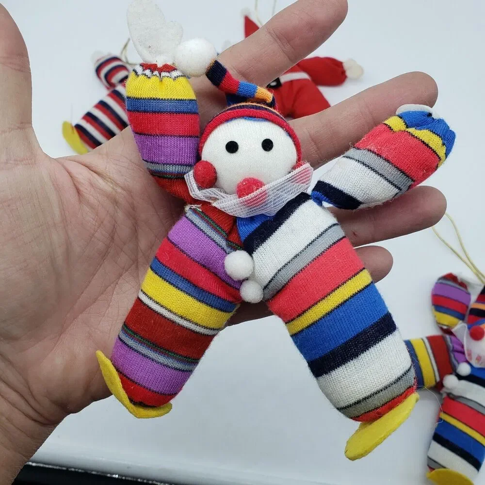 Vintage Cotton Stuffed Santa Christmas Ornament with 3 Elf Clown‎ Ornaments